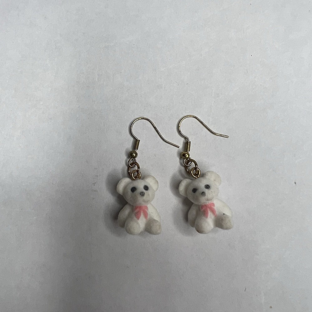 Jasmine Handmade White Teddy Bear Plush Earrings Dangle Pink Bow
